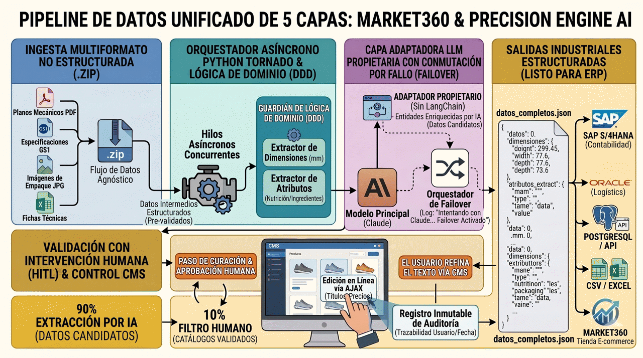 Market360 y PrecisionEngine AI: pipeline unificado de 5 capas desde ingesta hasta ERP
