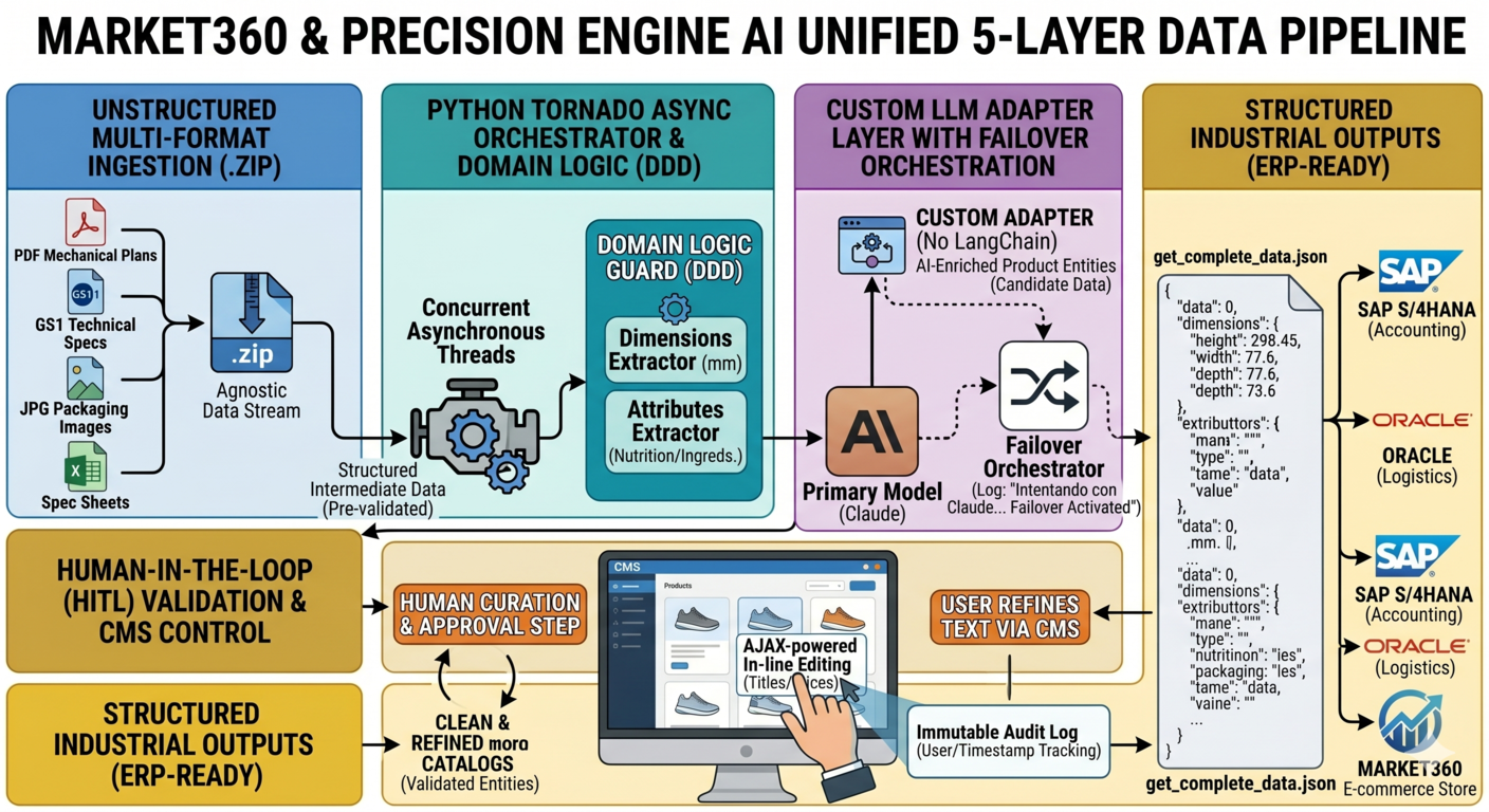 Market360 y PrecisionEngine AI: pipeline unificado de 5 capas desde ingesta hasta ERP